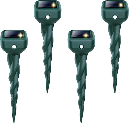 Mole Repellent Solar Powered, 4 Pack Snake Repellent for Yard, Waterproof Ultrasonic Deterrent Vibratory Stakes, Get Rid Deer, Gopher, Vole, Groundhog, Rabbit, Skunk, Chipmunk, Repellent Lawns Garden