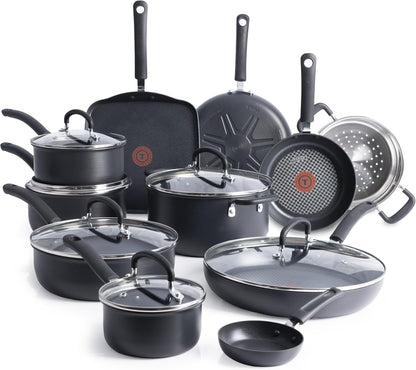 T-fal Ultimate Hard Anodized Nonstick Cookware Set 17 Piece, Oven Broiler Safe 400F, Lid Safe 350F, Kitchen Cooking Set w/Fry Pans, Saucepans, Saute Pan, Griddle, Pots and Pans, Dishwasher Safe Black
