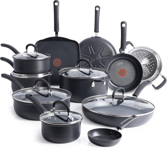 T-fal Ultimate Hard Anodized Nonstick Cookware Set 17 Piece, Oven Broiler Safe 400F, Lid Safe 350F, Kitchen Cooking Set w/Fry Pans, Saucepans, Saute Pan, Griddle, Pots and Pans, Dishwasher Safe Black