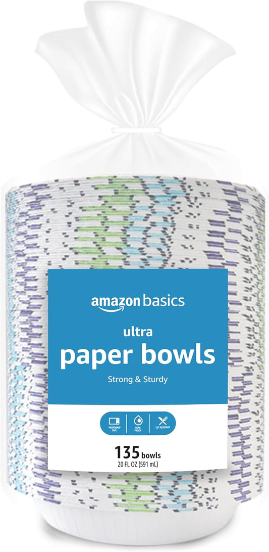 Amazon Basics Ultra Paper Bowls, 20 Oz, Disposable, 540 Count (4 packs of 135), White (Previously Encore)