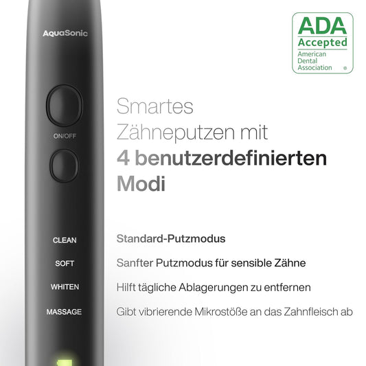 Aquasonic Black Series Ultra Whitening Toothbrush – ADA Accepted Electric Toothbrush- 8 Brush Heads & Travel Case – 40,000 VPM Electric Motor & Wireless Charging - 4 Modes w Smart Timer