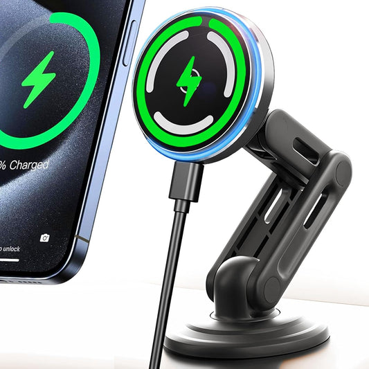 Qi2 15W for MagSafe Car Mount Charger, LED Ambient Light, Retractable with Long Arm & 360Rotation, Dash Magnetic Wireless Car Charger, Car Phone Holder Mount for iPhone
