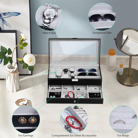 TomCare Watch Box Watch Case Jewelry Organizer Holder Jewelry Display Box Case Sunglasses Storage Organizer Lockable with Glass Top and PU Leather for Men Women, Black