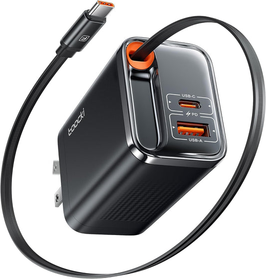 USB C Wall Charger 67W, Compact Foldable Charger with Retractable Type-C Cable for MacBook, iPad Pro, Galaxy S24, iPhone 16/15 and More Series