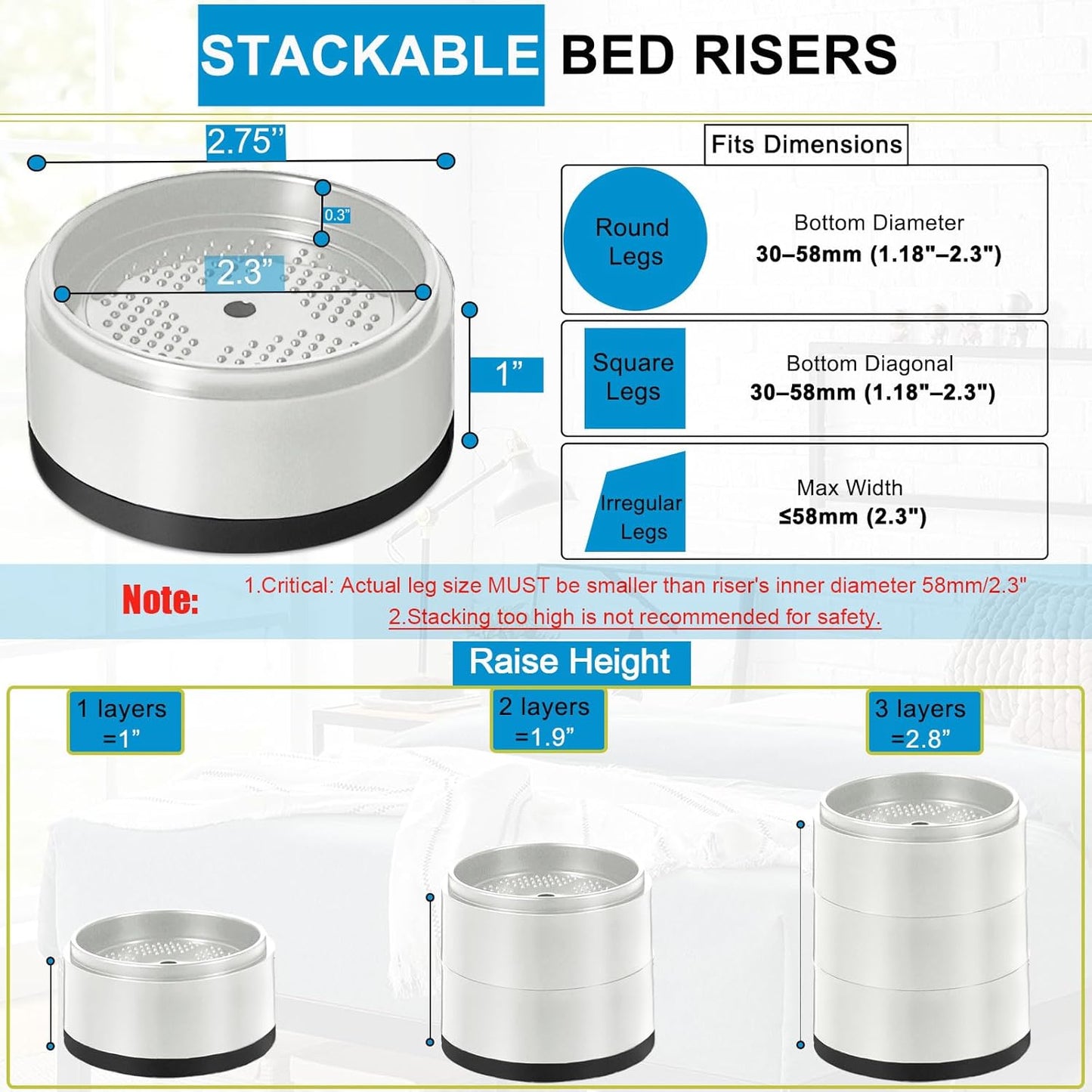 8 Pack Furniture Risers 1 Inch, Adjustable Bed Risers Heavy Duty for Table Desk Couch Chair Sofa Cabinet Bed Legs Dorm, Round Stackable Bed Raisers Blocks Lift Height 1", 2" or 3", White