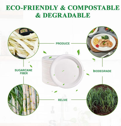 Vplus 500 Pack Paper Plates 9 inch 100% Compostable, Heavy-Duty Disposable Paper Plates Bagasse Natural Biodegradable Eco-Friendly Sugarcane（White）