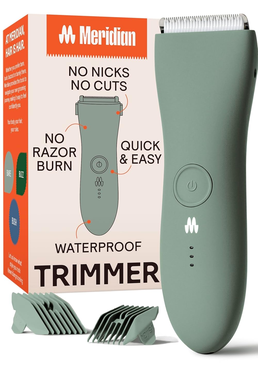 MERIDIAN - The Trimmer - Electric Body & Pubic Hair Trimmer - Waterproof and Cordless for Wet/Dry Use - Painlessly Remove Hair to Feel Fresh Down There - for Men & Women - 90 Min Battery Life - Sage