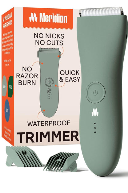 MERIDIAN - The Trimmer - Electric Body & Pubic Hair Trimmer - Waterproof and Cordless for Wet/Dry Use - Painlessly Remove Hair to Feel Fresh Down There - for Men & Women - 90 Min Battery Life - Sage