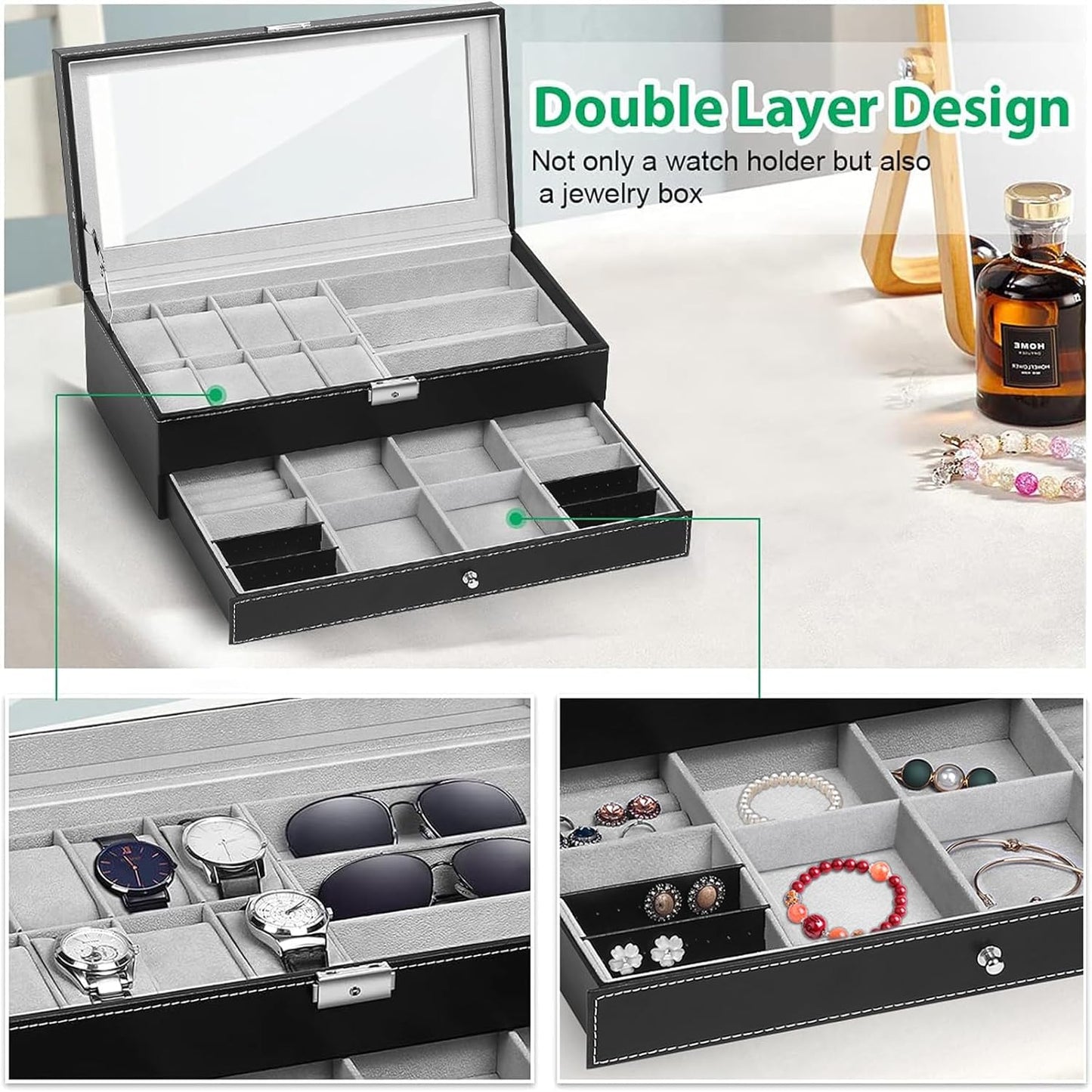 TomCare Watch Box Watch Case Jewelry Organizer Holder Jewelry Display Box Case Sunglasses Storage Organizer Lockable with Glass Top and PU Leather for Men Women, Black