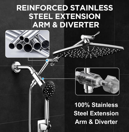 G-Promise All Metal 8 Inch Dual Square Shower Head with Handheld Spray Combo, Rain Shower Head, Adjustable Extension Arm, Smooth 3-Way Diverter, 71 Inch Extra Long Hose - A Bathroom Upgrade (Chrome)