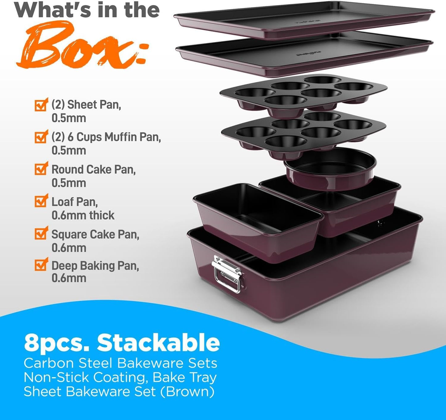 NutriChef 8-Piece Nonstick Stackable Bakeware Set - PFOA, PFOS, PTFE Free Baking Tray Set w/Non-Stick Coating, 450°F Oven Safe, Round Cake, Loaf, Muffin, Wide/Square Pans, Cookie Sheet (Plum)
