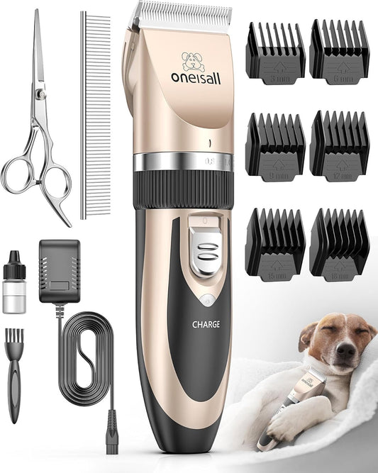 oneisall Dog Clipper Low Noise, Dog Grooming Kit with Rechargeable, Dog Shaver Cordless Electric Quiet Hair Clipper Set for Dog Cats Pets（Gold