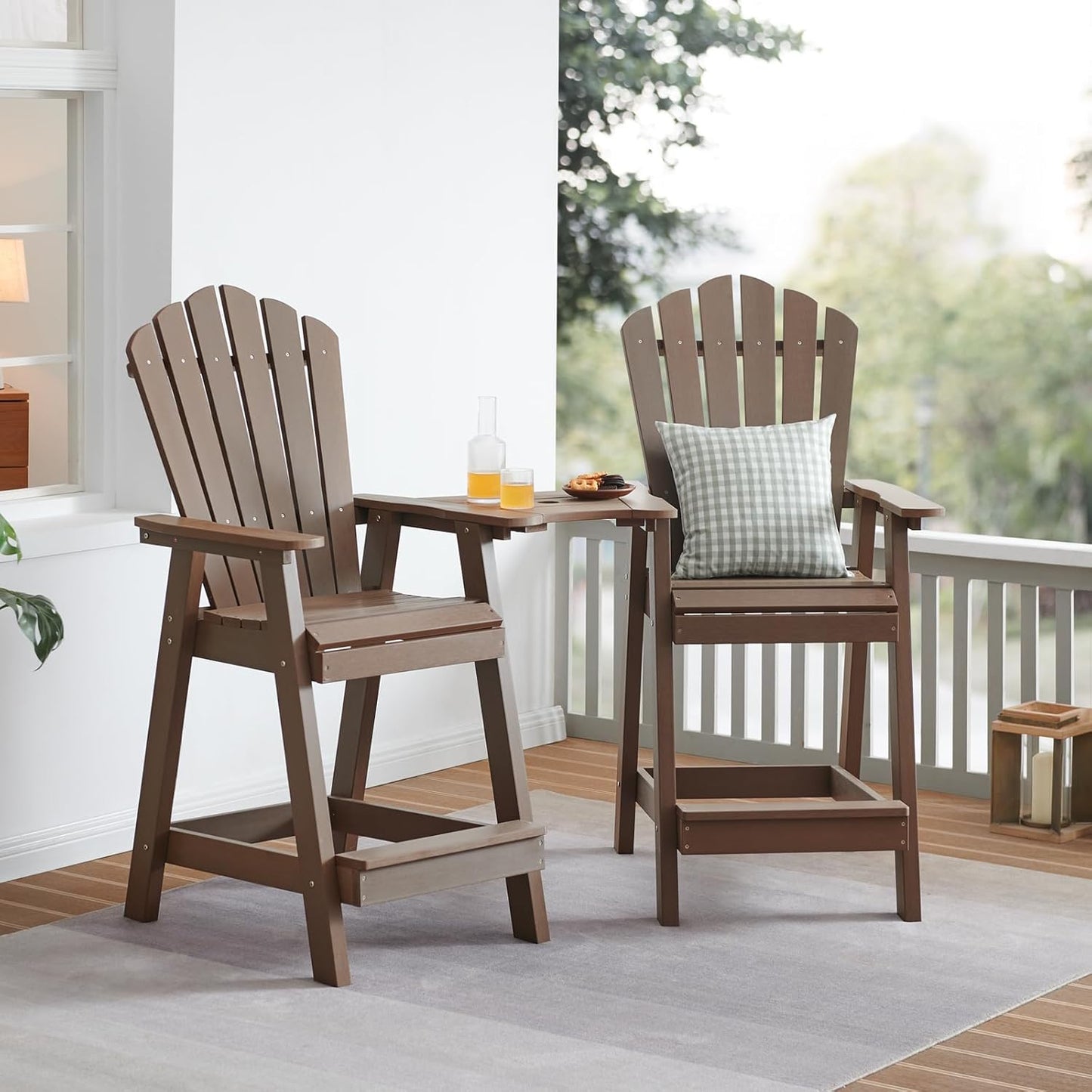 Psilvam Tall Adirondack Chair Set of 2, Poly Lumber Outdoor Bar Stools with Connecting Tray, 350Lbs Support Patio Chairs for Deck, Weather Resistant Outdoor Patio Furniture Sets (Brown)