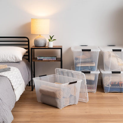 IRIS USA 54 Qt Stackable Plastic Storage Bins with Lids, 6 Pack - BPA-Free, Made in USA - See-Through Organizing Solution, Latches, Durable Nestable Containers, Secure Pull Handle - Clear