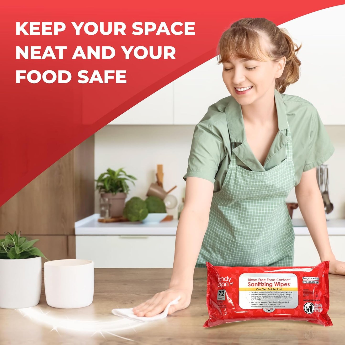 HandyClean Rinse-Free Food Contact Sanitizing Wipes Pouch, Multi Surface Cleaning Supplies for Kitchen and Professional Setting (72 Wipes Each)
