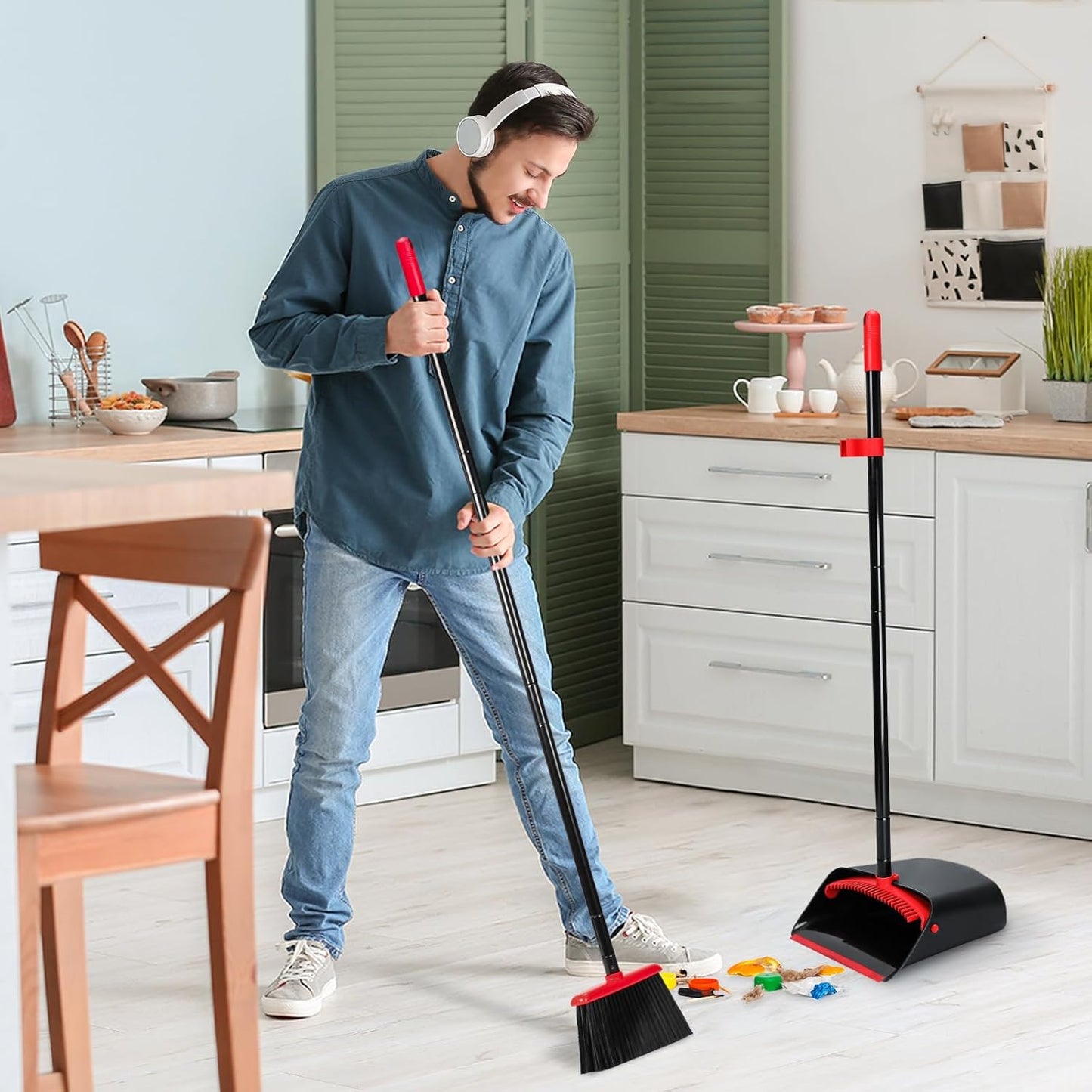 TreeLen Broom and Dustpan Set for Home,Upright Broom and Dustpan Combo Sweep Set