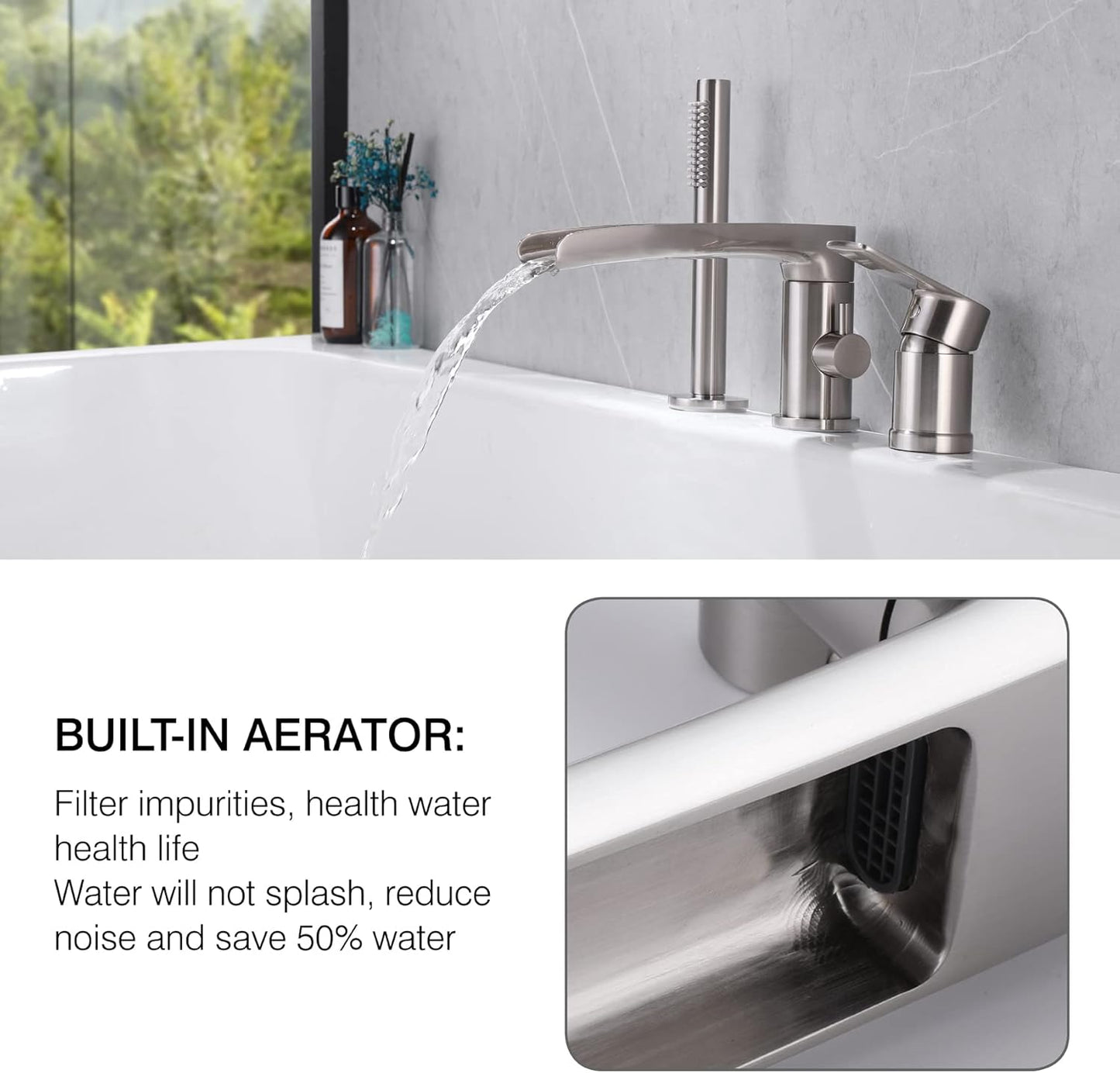 TapLong Waterfall Roman Tub Faucet with Hand Shower, Widespread Deck Mount Bathtub Faucet with Sprayer, Single-Handle 3-Holes Bathtub Shower Faucet Set in Brushed Nickel, 03119BN