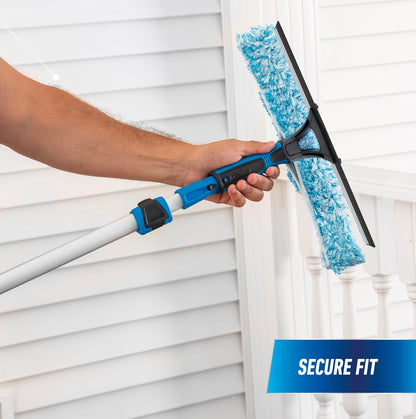 Professional 2-in-1 Squeegee and Scrubber, 14” Window Cleaning Tool and 8’ Connect & Clean Pole, Essential Glass Supplies for Commercial and Residential Use, Microfiber Sleeve