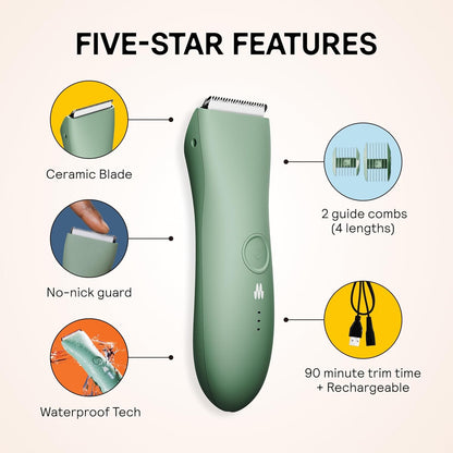 MERIDIAN - The Trimmer - Electric Body & Pubic Hair Trimmer - Waterproof and Cordless for Wet/Dry Use - Painlessly Remove Hair to Feel Fresh Down There - for Men & Women - 90 Min Battery Life - Sage