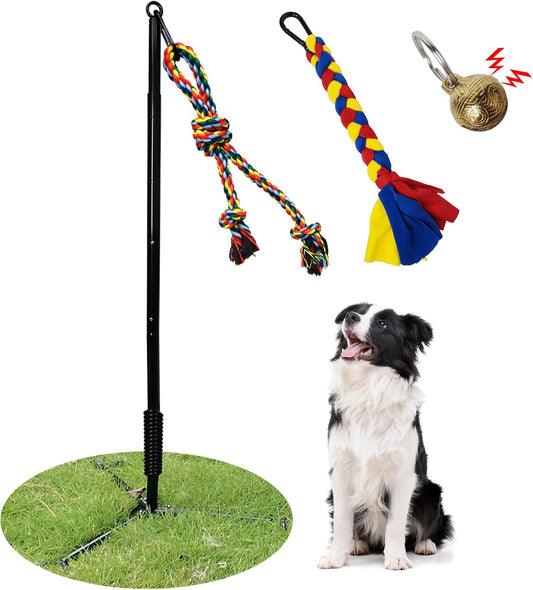 Tether Tug Outdoor Dog Toy,Interactive Exercise Game in Yard Park Tug of War for Large Medium Small Dog with 2 Rope Toy and Bell Pull Chase and Solo Play