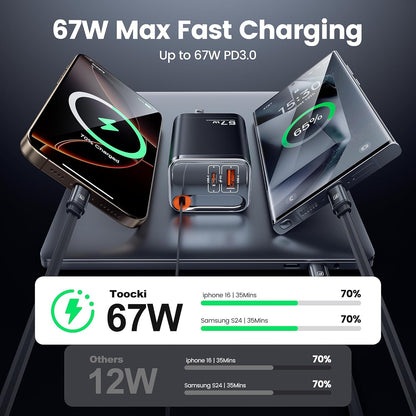 USB C Wall Charger 67W, Compact Foldable Charger with Retractable Type-C Cable for MacBook, iPad Pro, Galaxy S24, iPhone 16/15 and More Series