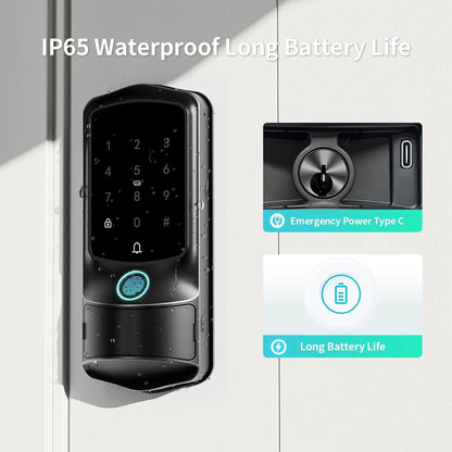 Smart Front Door Lock, Fingerprint Keyless Entry Door Lock with TUYA App Control, Auto Lock, Electronic Digital Locks with Touch Keypad, IP65 - Black