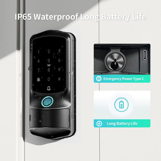 Smart Front Door Lock, Fingerprint Keyless Entry Door Lock with TUYA App Control, Auto Lock, Electronic Digital Locks with Touch Keypad, IP65 - Black