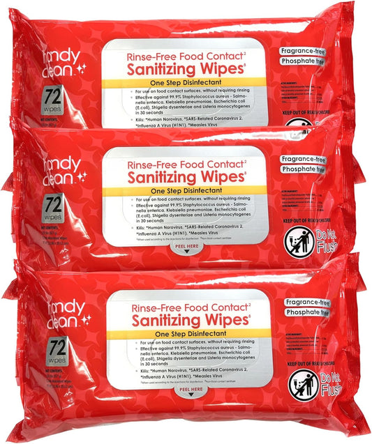 HandyClean Rinse-Free Food Contact Sanitizing Wipes Pouch, Multi Surface Cleaning Supplies for Kitchen and Professional Setting (72 Wipes Each)