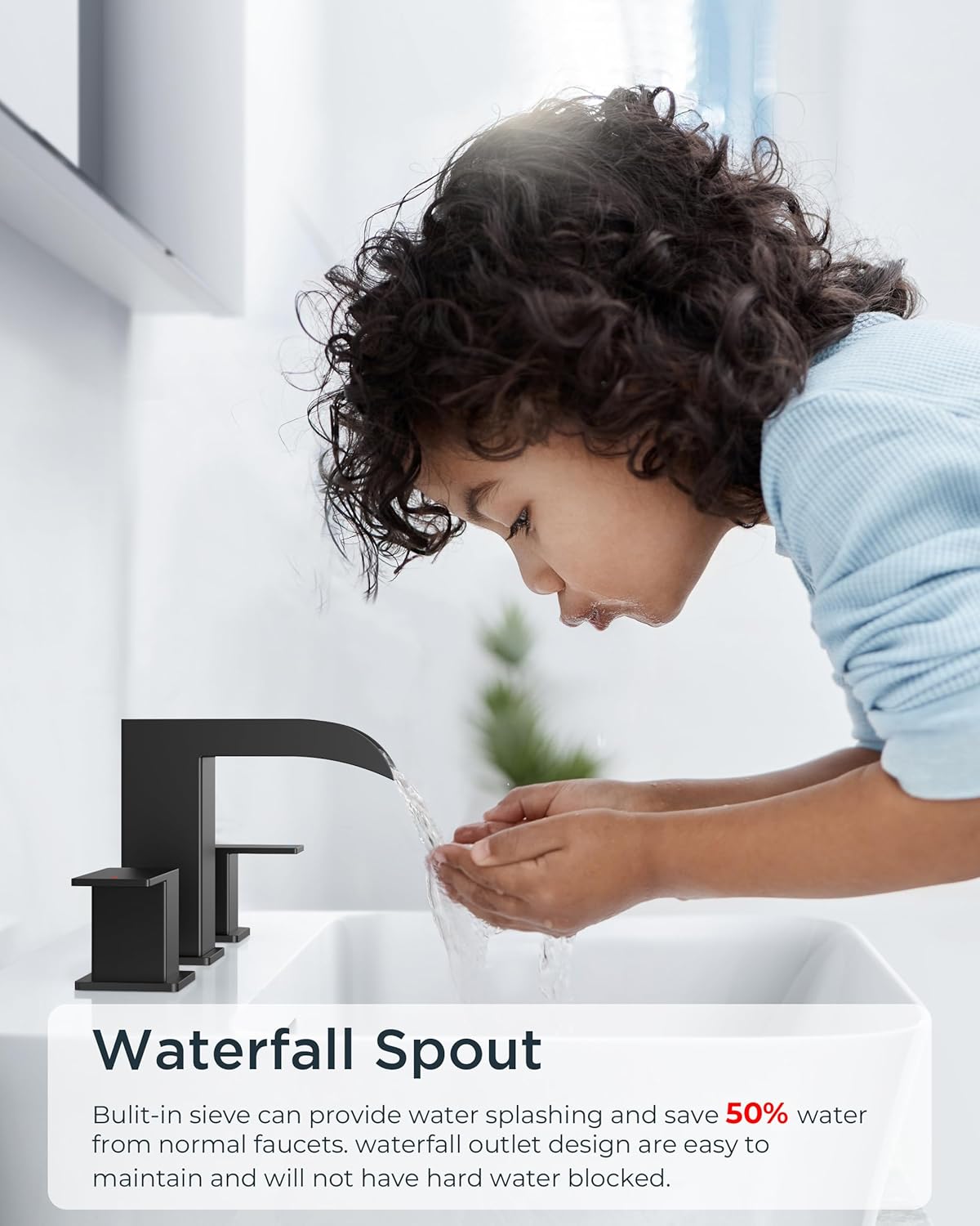 FORIOUS Square Matte Black Waterfall Commercial Bathroom Faucets 3 Hole, 8 Inch Widespread Bathroom Sink Faucet with Metal Pop-up Drain and Supply Lines, Two Handles for Vanity, Lavatory, Restroom