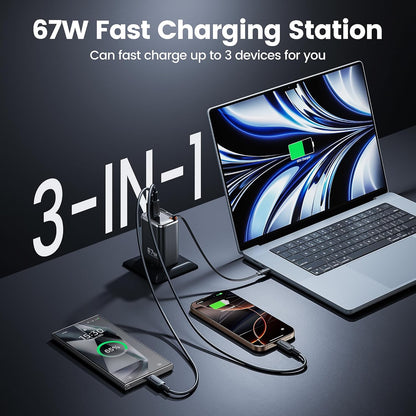 USB C Wall Charger 67W, Compact Foldable Charger with Retractable Type-C Cable for MacBook, iPad Pro, Galaxy S24, iPhone 16/15 and More Series