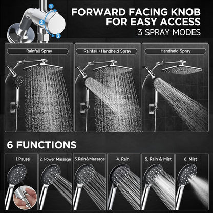 G-Promise All Metal 8 Inch Dual Square Shower Head with Handheld Spray Combo, Rain Shower Head, Adjustable Extension Arm, Smooth 3-Way Diverter, 71 Inch Extra Long Hose - A Bathroom Upgrade (Chrome)