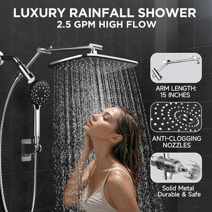 G-Promise All Metal 8 Inch Dual Square Shower Head with Handheld Spray Combo, Rain Shower Head, Adjustable Extension Arm, Smooth 3-Way Diverter, 71 Inch Extra Long Hose - A Bathroom Upgrade (Chrome)