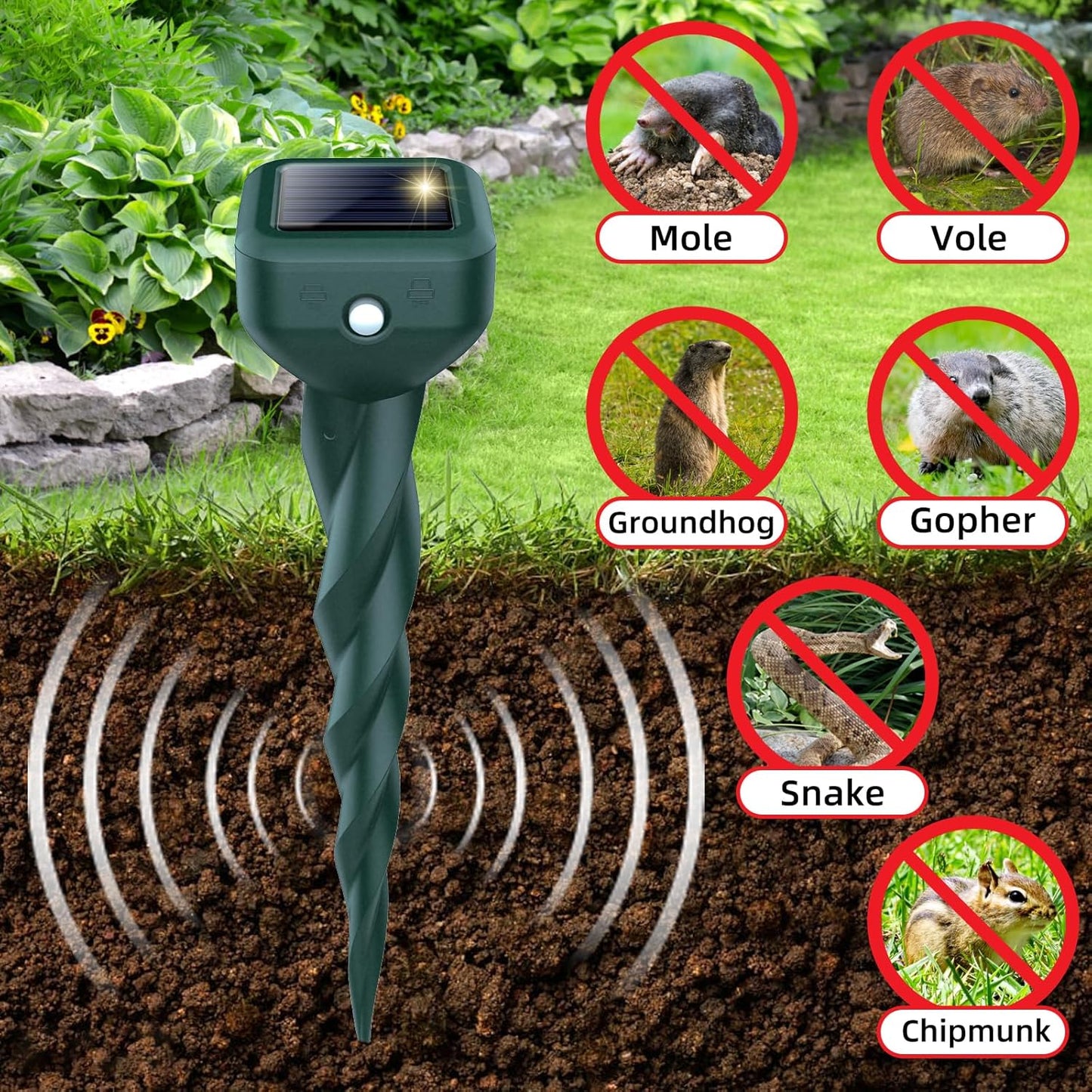 Mole Repellent Solar Powered, 4 Pack Snake Repellent for Yard, Waterproof Ultrasonic Deterrent Vibratory Stakes, Get Rid Deer, Gopher, Vole, Groundhog, Rabbit, Skunk, Chipmunk, Repellent Lawns Garden