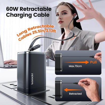 USB C Wall Charger 67W, Compact Foldable Charger with Retractable Type-C Cable for MacBook, iPad Pro, Galaxy S24, iPhone 16/15 and More Series