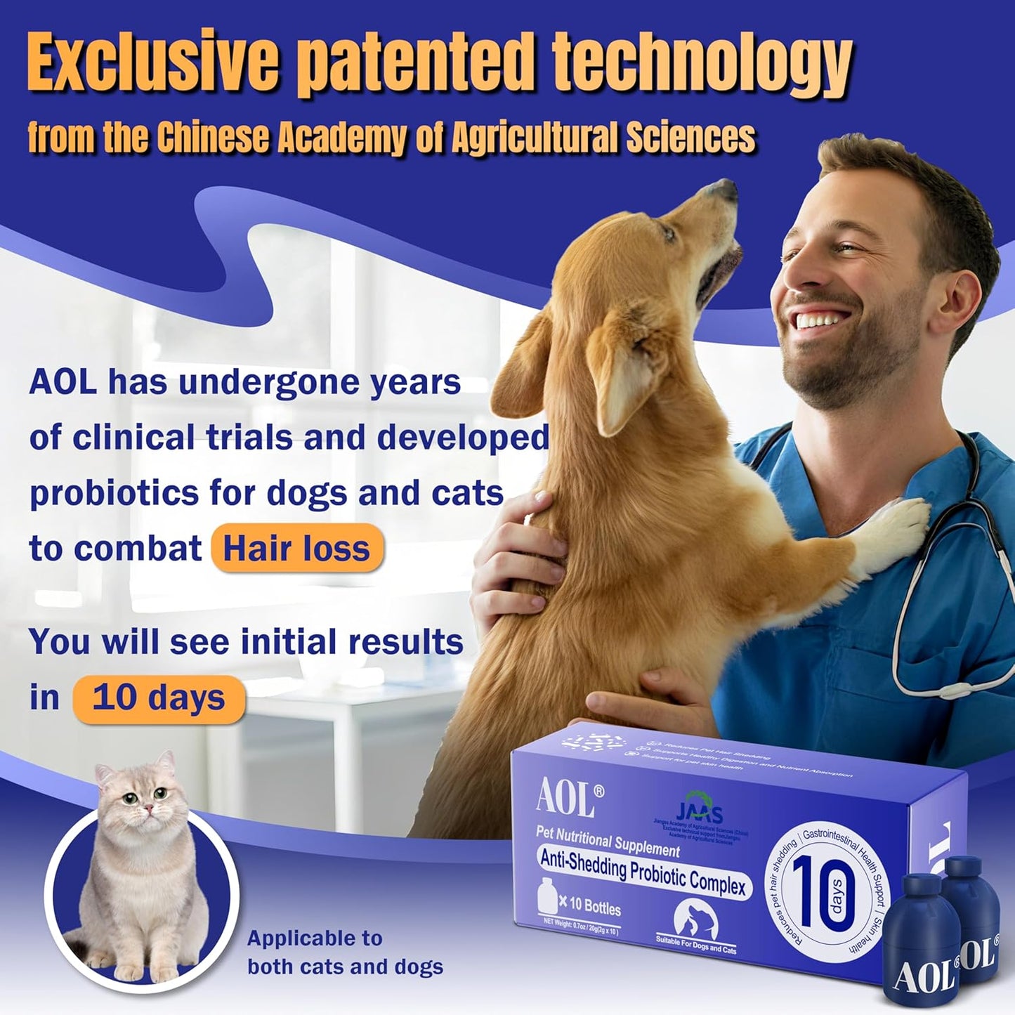 AOL Blue Bottle Probiotics - for Dogs and Cats with Hair Loss Symptoms, containing Iron + Zinc + Manganese - Improves Hair Shine - Improves intestinal Health and Immunity - Relieves Diarrhea