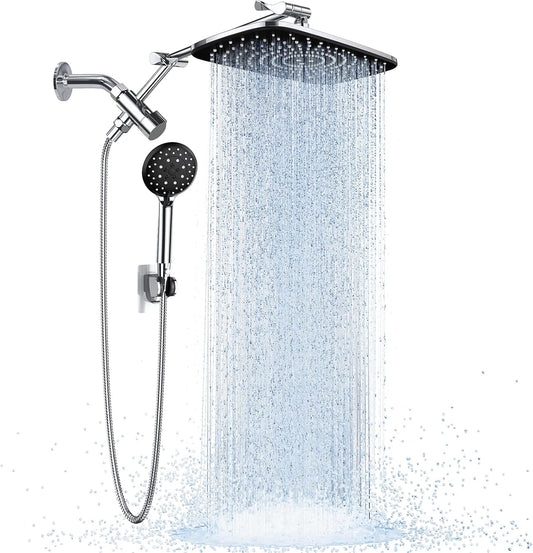 G-Promise All Metal 8 Inch Dual Square Shower Head with Handheld Spray Combo, Rain Shower Head, Adjustable Extension Arm, Smooth 3-Way Diverter, 71 Inch Extra Long Hose - A Bathroom Upgrade (Chrome)