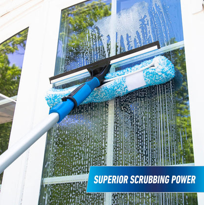 Professional 2-in-1 Squeegee and Scrubber, 14” Window Cleaning Tool and 8’ Connect & Clean Pole, Essential Glass Supplies for Commercial and Residential Use, Microfiber Sleeve