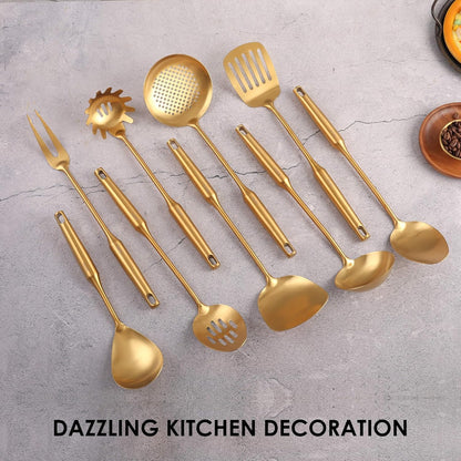 Gold Kitchen Utensils Set - 18/10 Stainless Steel Cooking Tools, 15" All Metal Serving Utensils with Fork, Solid/Slotted Spoon, Spatula, Ladle, Skimmer, Tunner, Pasta Spoon, Large Spoon, Set of 9